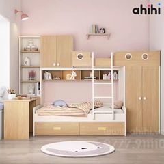 Giường tầng trẻ em Ahihi12 – Tích hợp bàn học, tủ và ngăn kéo