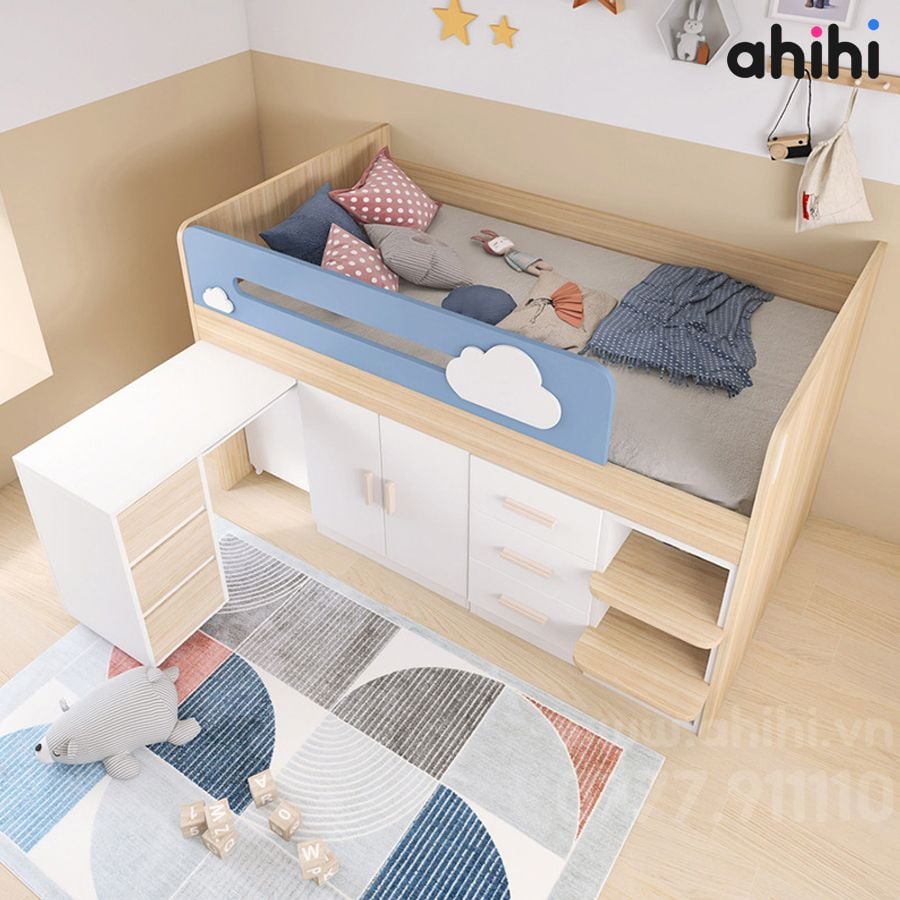 Giường tầng thấp ahihi223 – Tích hợp bàn học và tủ