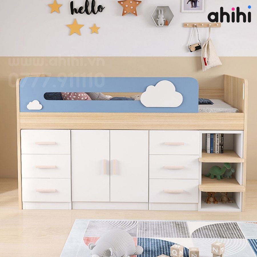Giường tầng thấp ahihi223 – Tích hợp bàn học và tủ
