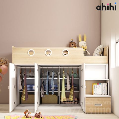 Giường tầng thấp ahihi213 -  Đa năng có tủ và kệ sách cho Bé