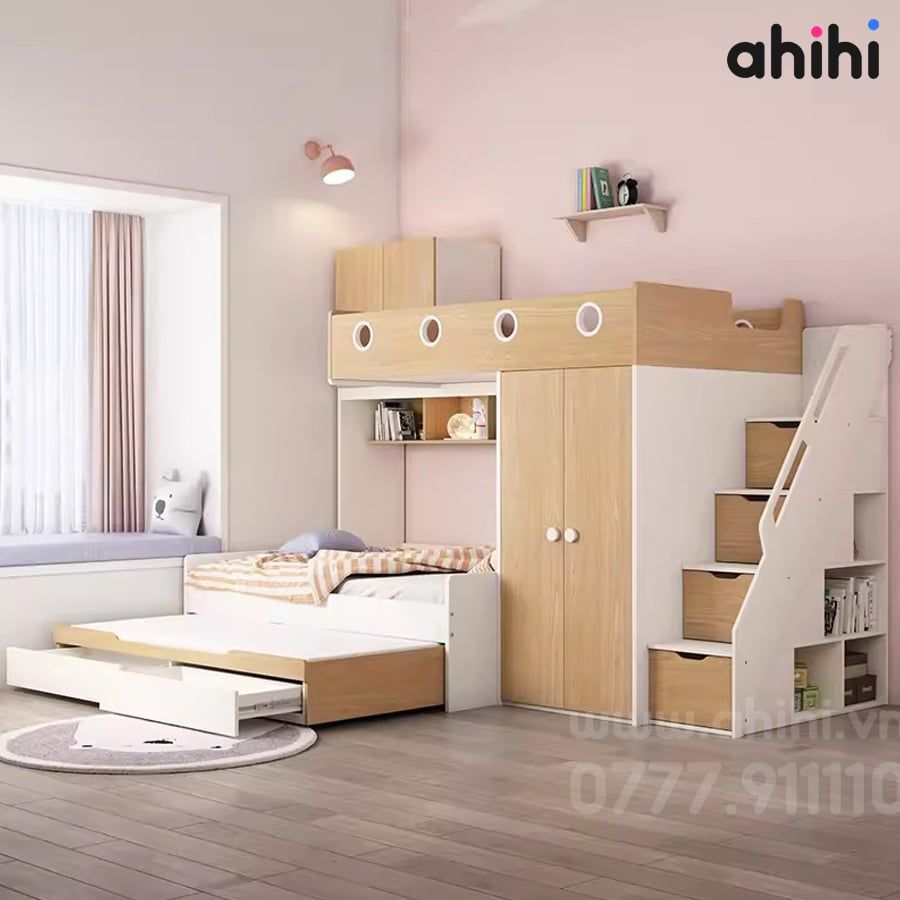 Giường tầng trẻ em Ahihi12 – Tích hợp bàn học, tủ và ngăn kéo
