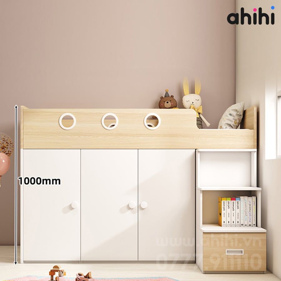 Giường tầng thấp ahihi213 -  Đa năng có tủ và kệ sách cho Bé