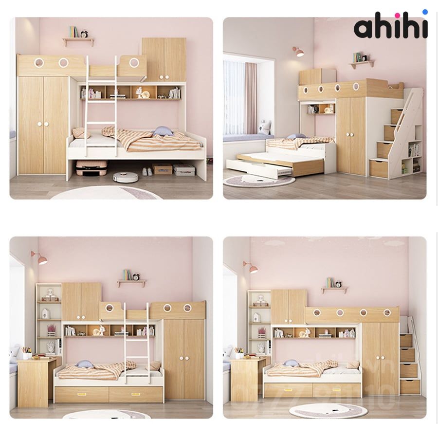 Giường tầng trẻ em Ahihi12 – Tích hợp bàn học, tủ và ngăn kéo