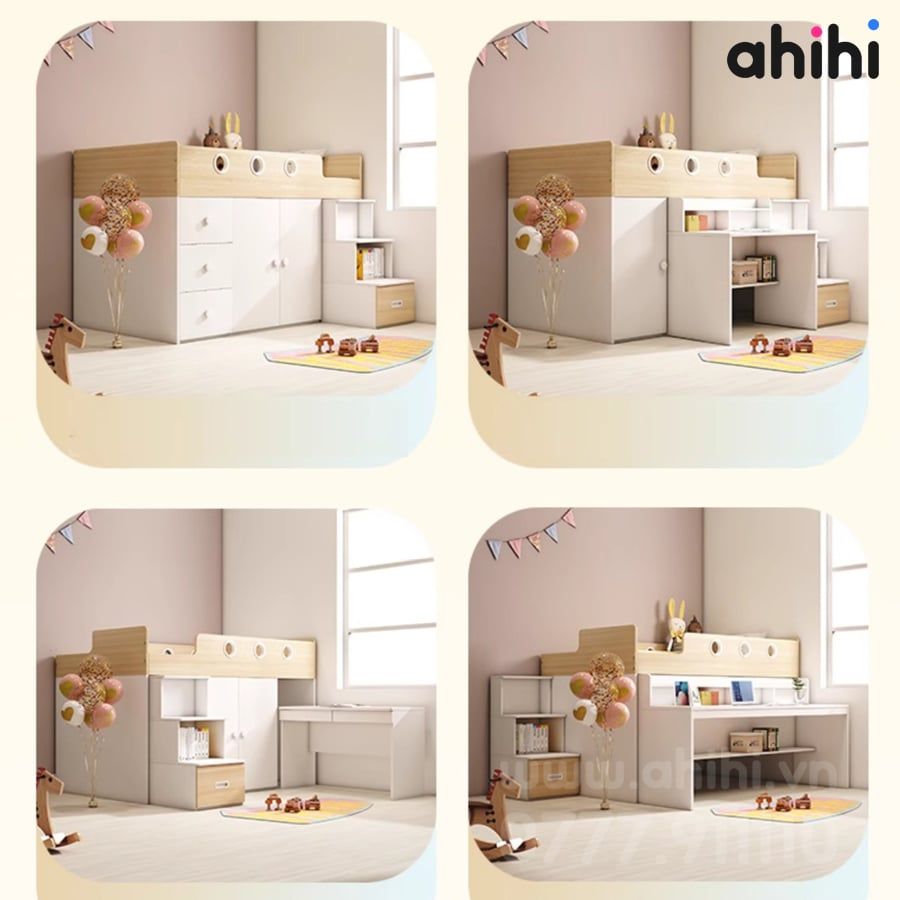 Giường tầng thấp ahihi213 -  Đa năng có tủ và kệ sách cho Bé