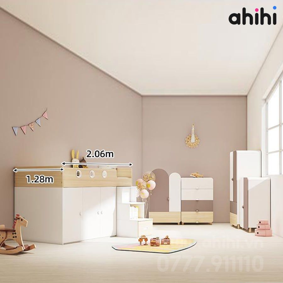 Giường tầng thấp ahihi213 -  Đa năng có tủ và kệ sách cho Bé