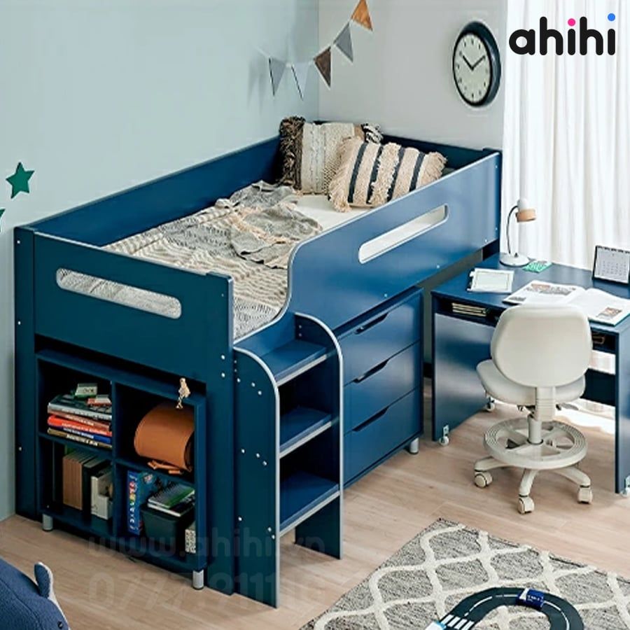 Giường tầng thấp Ahihi229 cho bé | Tích hợp bàn học, tủ & kệ sách