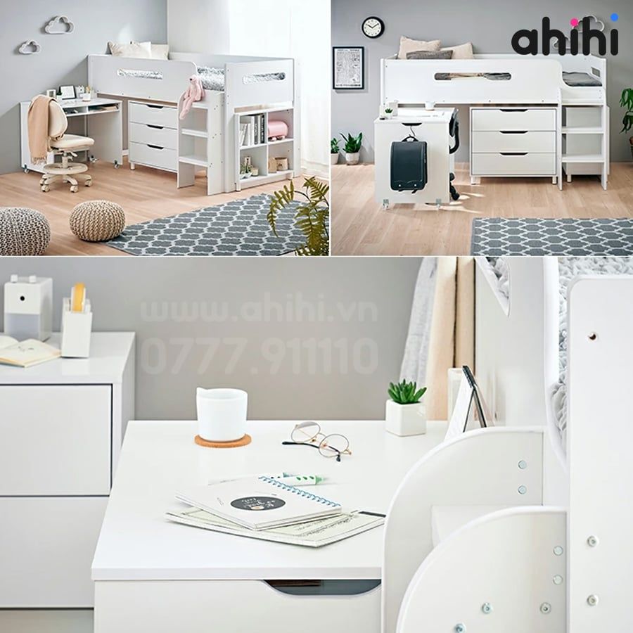 Giường tầng thấp Ahihi229 cho bé | Tích hợp bàn học, tủ & kệ sách