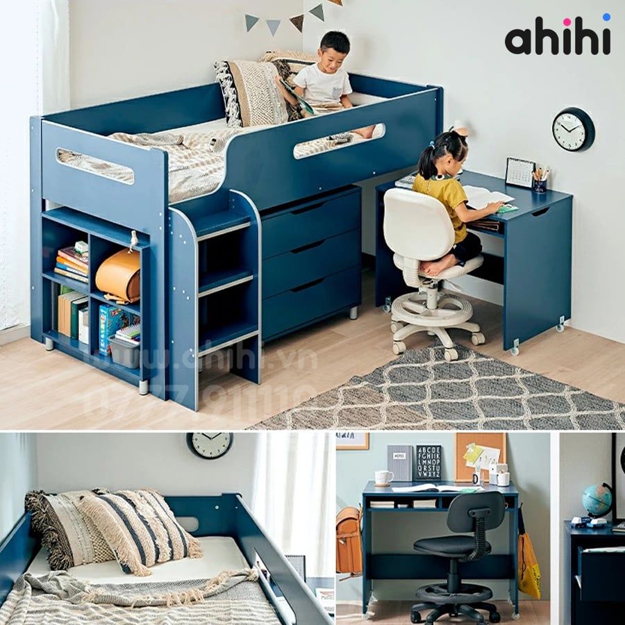Giường tầng thấp Ahihi229 cho bé | Tích hợp bàn học, tủ & kệ sách