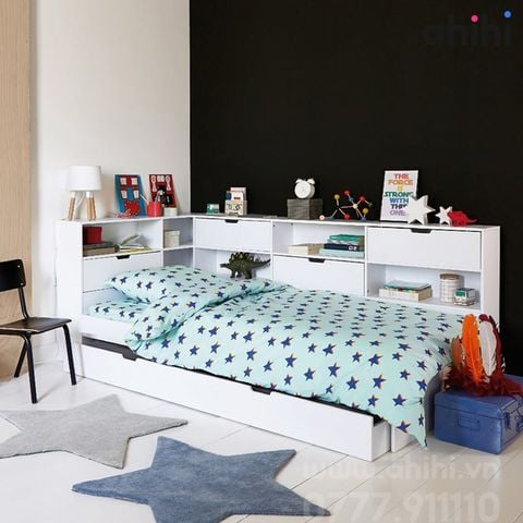 Giường tầng thấp ahihi209 - Thiết kế 2 giường có tích hợp kệ sách