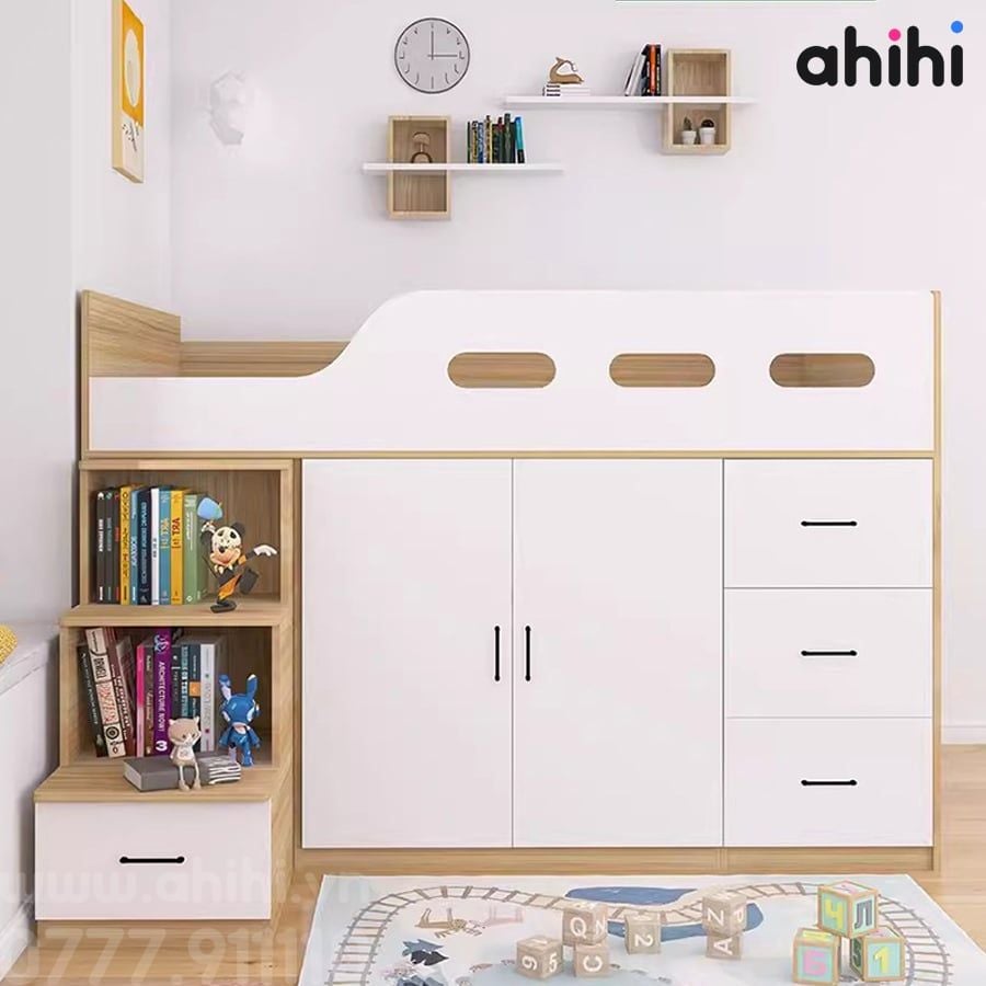 Giường tầng thấp ahihi206 -  Đa năng có tủ, kệ cho Bé