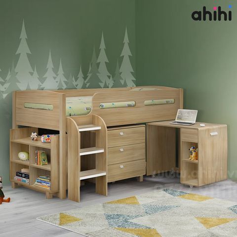 Giường tầng thấp Ahihi226 cho bé | Tích hợp bàn học, tủ & kệ sách