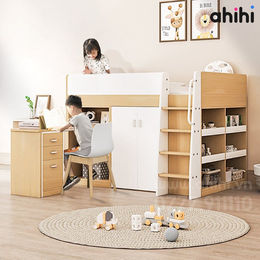 Giường tầng thấp ahihi224 – Tích hợp bàn học và tủ quần áo