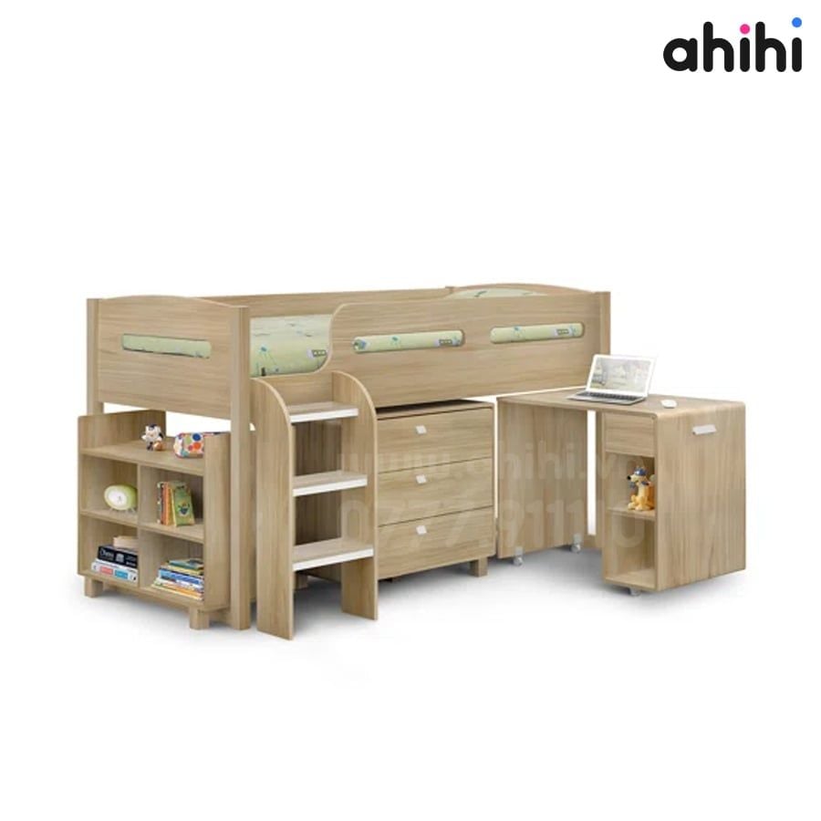 Giường tầng thấp Ahihi226 cho bé | Tích hợp bàn học, tủ & kệ sách