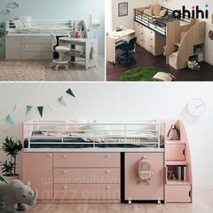 Giường tầng thấp ahihi228 cho bé | Tích hợp bàn học & tủ kéo
