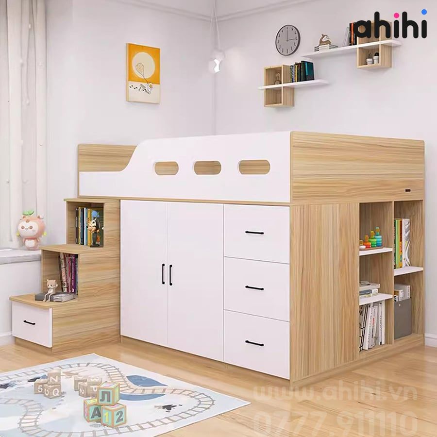 Giường tầng thấp ahihi206 -  Đa năng có tủ, kệ cho Bé