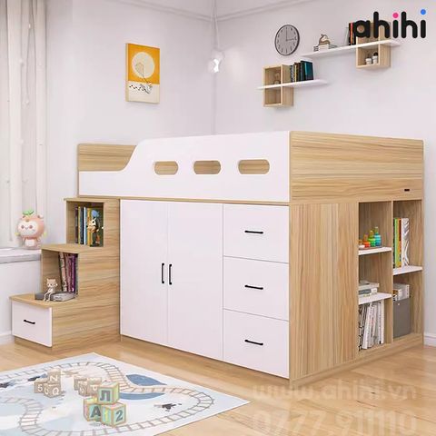 Giường tầng thấp ahihi206 -  Đa năng có tủ, kệ cho Bé