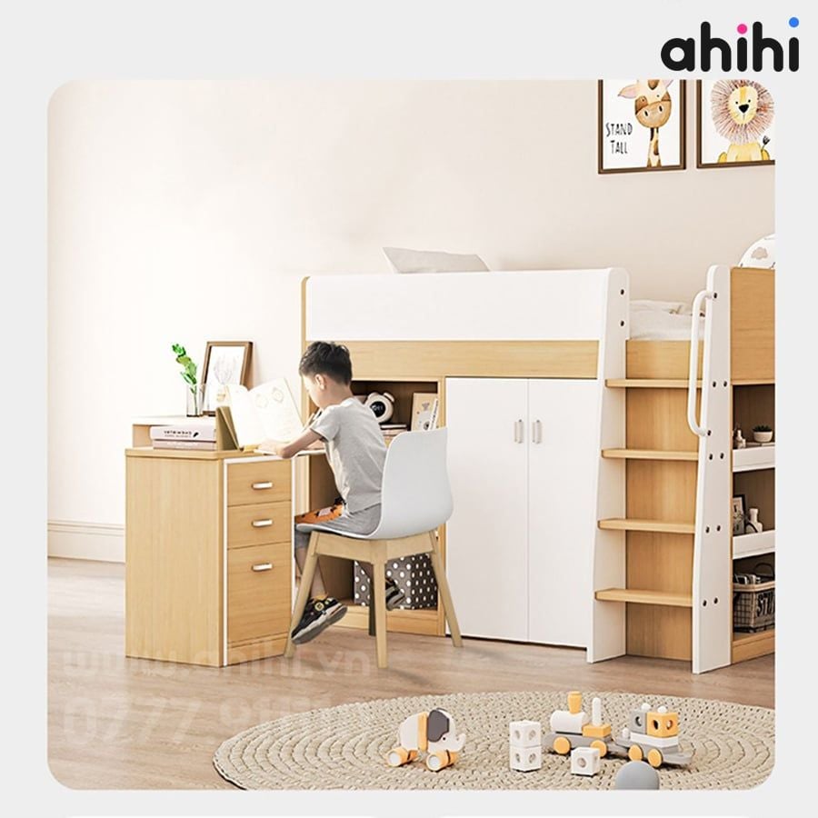 Giường tầng thấp ahihi224 – Tích hợp bàn học và tủ quần áo