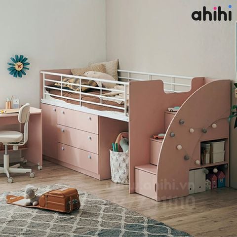 Giường tầng thấp ahihi228 cho bé | Tích hợp bàn học & tủ kéo