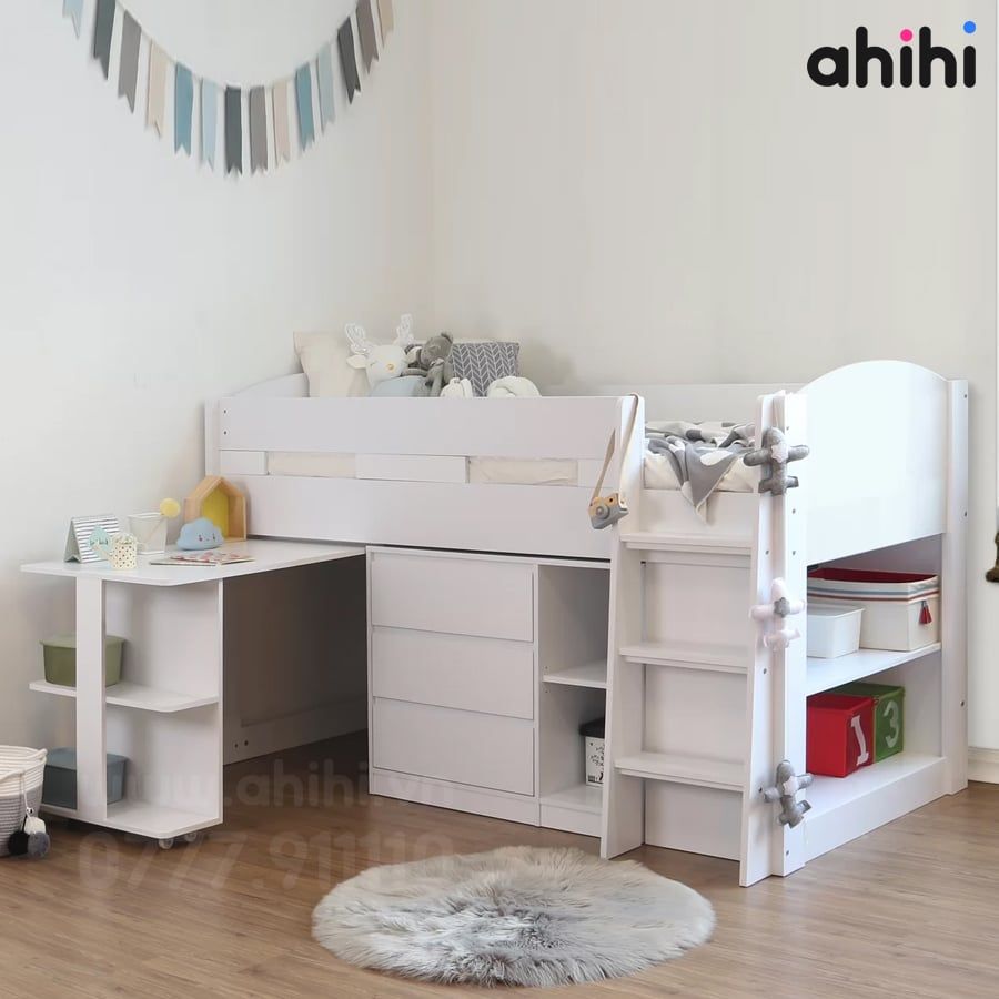 Giường tầng thấp ahihi210 – Tích hợp bàn học và tủ