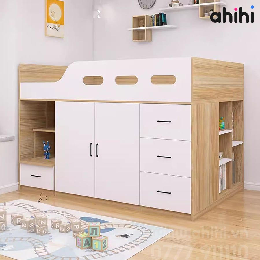 Giường tầng thấp ahihi206 -  Đa năng có tủ, kệ cho Bé