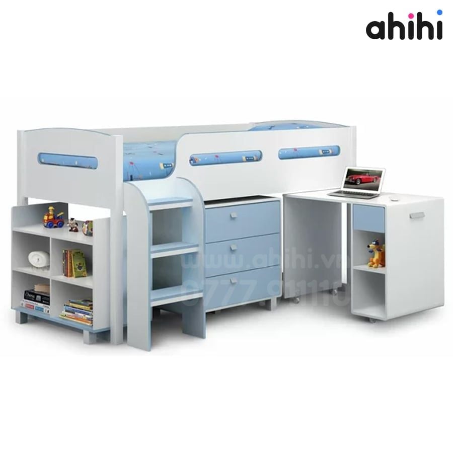Giường tầng thấp Ahihi226 cho bé | Tích hợp bàn học, tủ & kệ sách