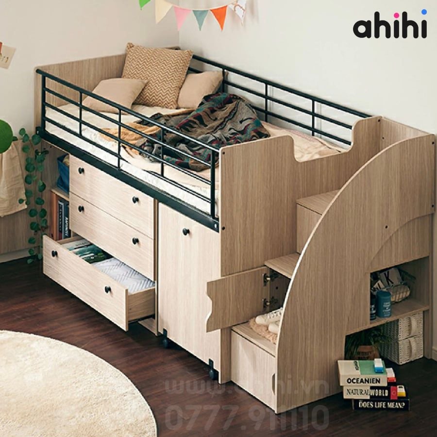 Giường tầng thấp ahihi228 cho bé | Tích hợp bàn học & tủ kéo