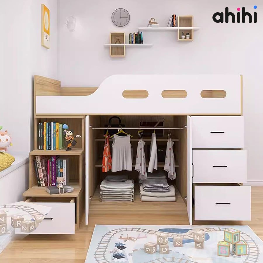 Giường tầng thấp ahihi206 -  Đa năng có tủ, kệ cho Bé