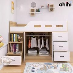 Giường tầng thấp ahihi206 -  Đa năng có tủ, kệ cho Bé