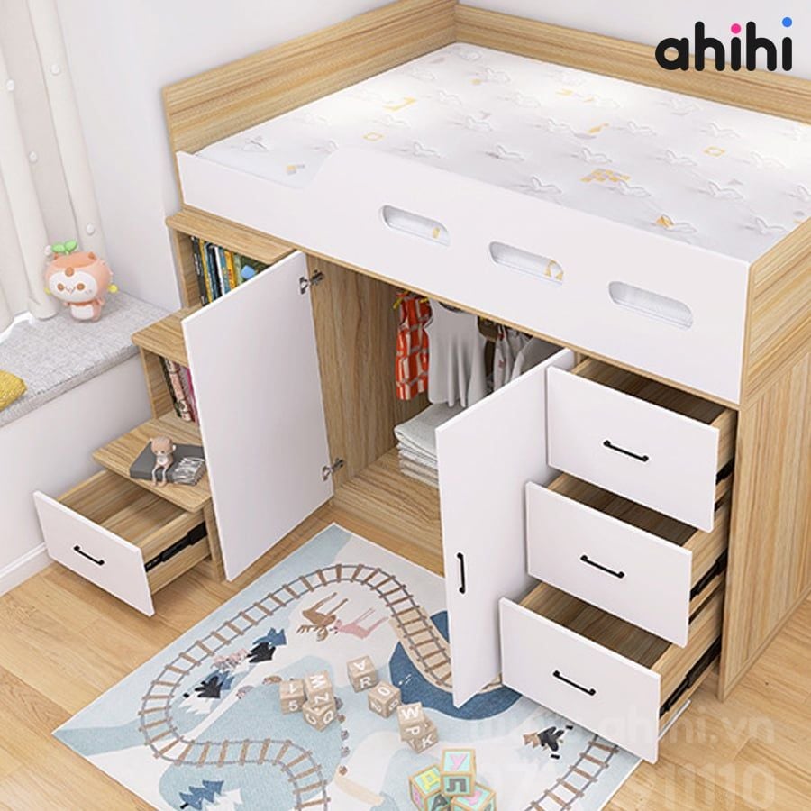 Giường tầng thấp ahihi206 -  Đa năng có tủ, kệ cho Bé