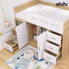 Giường tầng thấp ahihi206 -  Đa năng có tủ, kệ cho Bé