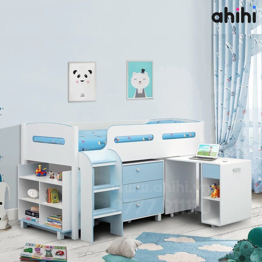 Giường tầng thấp Ahihi226 cho bé | Tích hợp bàn học, tủ & kệ sách
