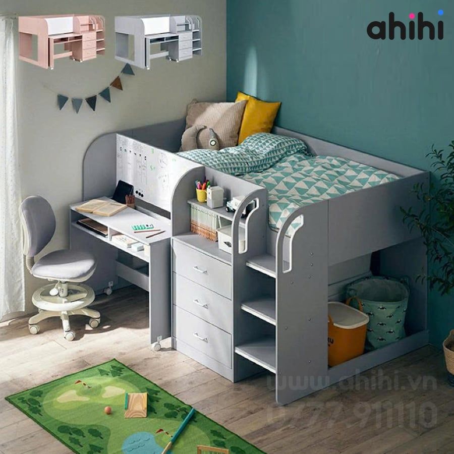 Giường tầng thấp Ahihi233 cho bé | Tích hợp bàn học, tủ & kệ sách