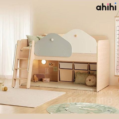 Giường tầng thấp ahihi232 cho bé | Tích hợp bàn học & tủ kéo