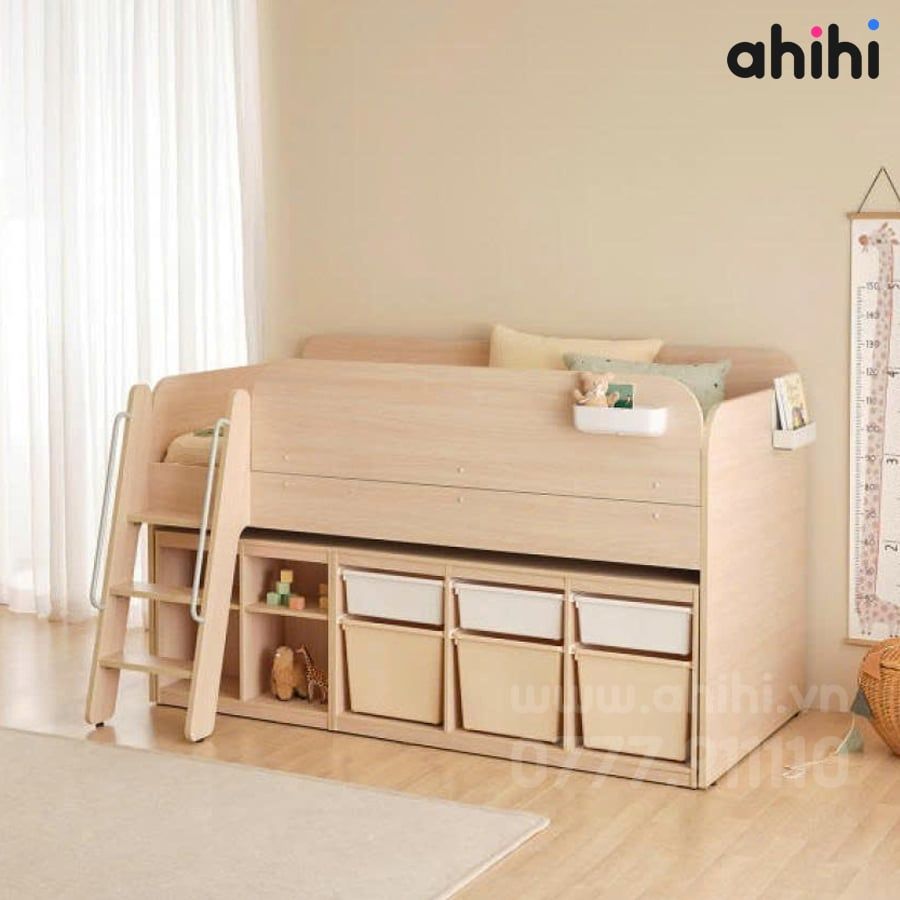 Giường tầng thấp ahihi232 cho bé | Tích hợp bàn học & tủ kéo