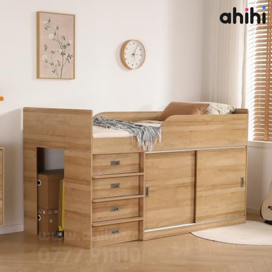 Giường tầng thấp ahihi230 cho bé | Tích hợp bàn học & tủ kéo