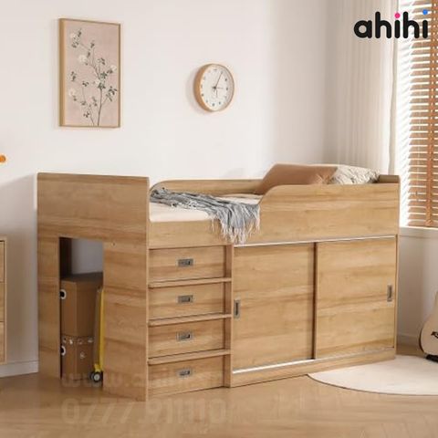 Giường tầng thấp ahihi230 cho bé | Tích hợp bàn học & tủ kéo