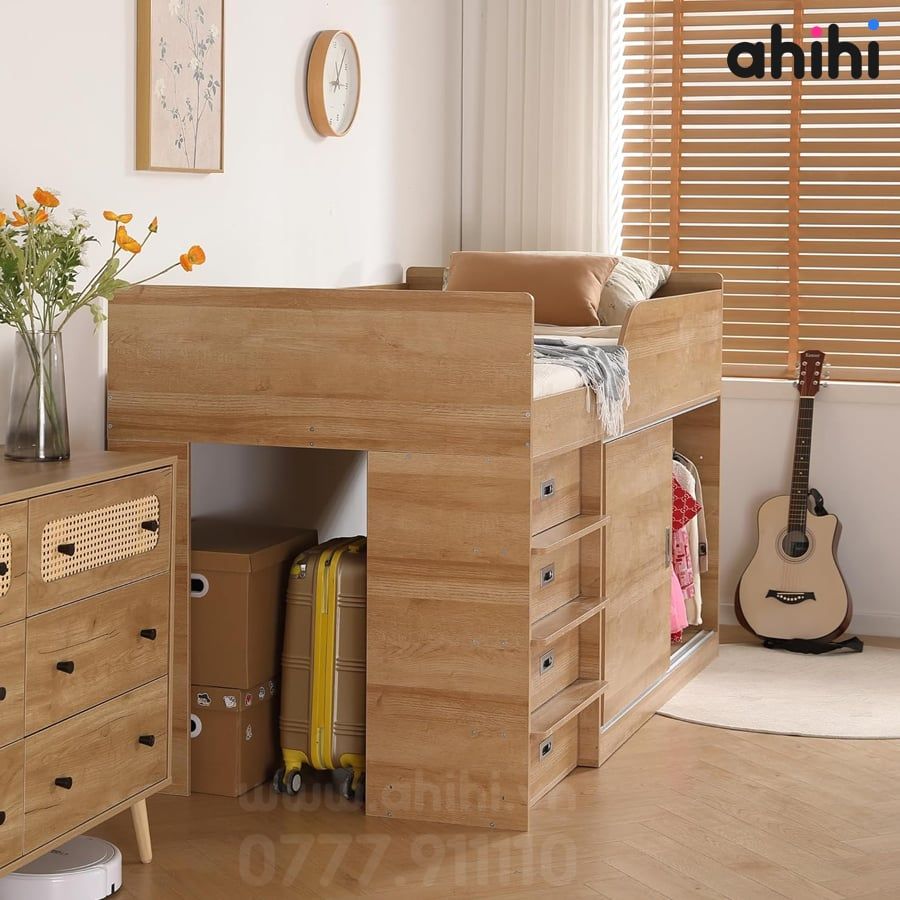 Giường tầng thấp ahihi230 cho bé | Tích hợp bàn học & tủ kéo