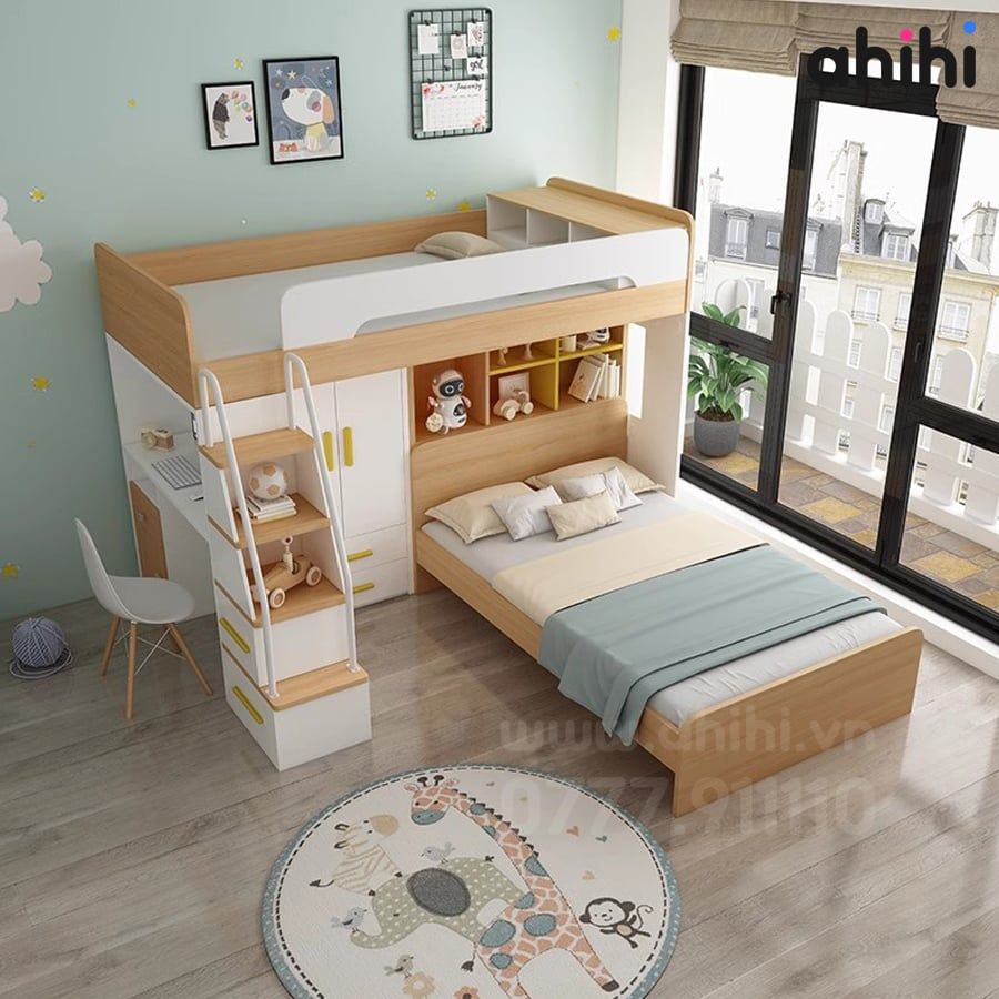 Giường tầng cho bé ahihi02 – Tối ưu không gian, thêm tiện ích cho phòng trẻ