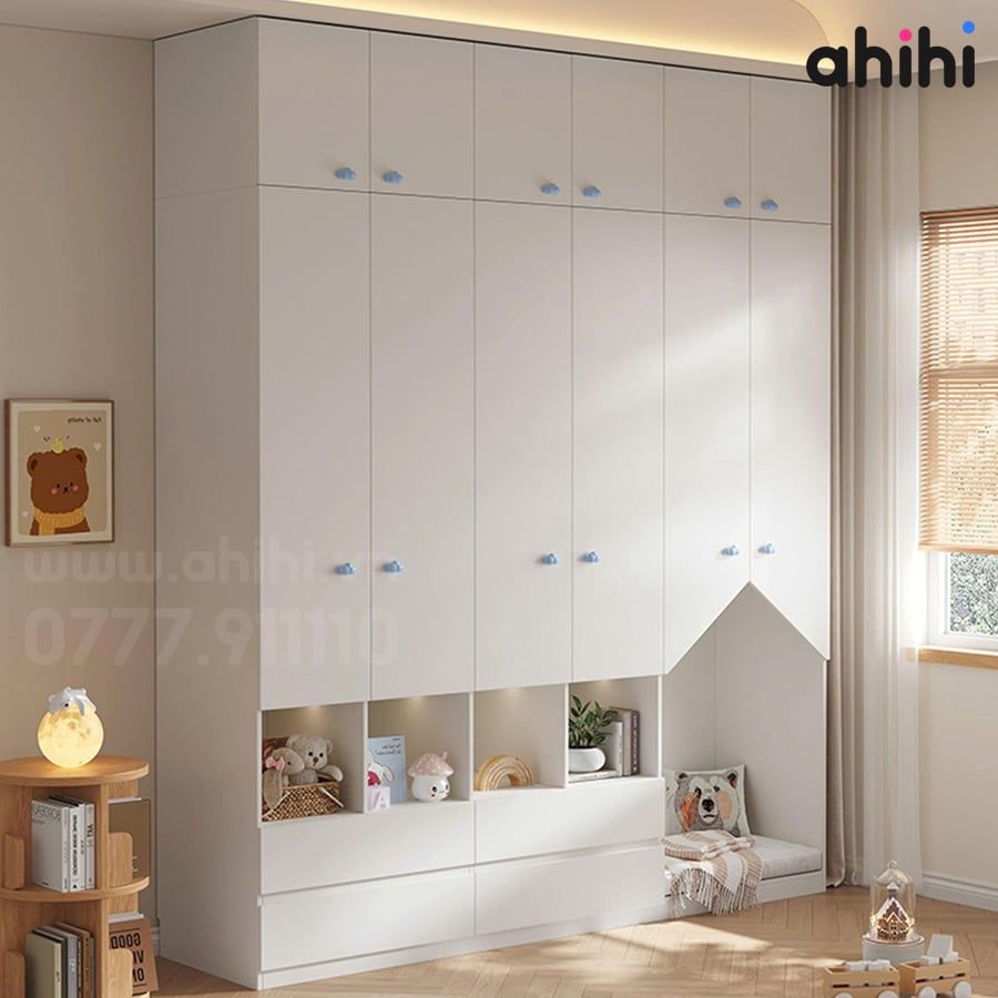 Tủ quần áo trẻ em Ahihi616 - Có kệ mở và góc hình ngôi nhà