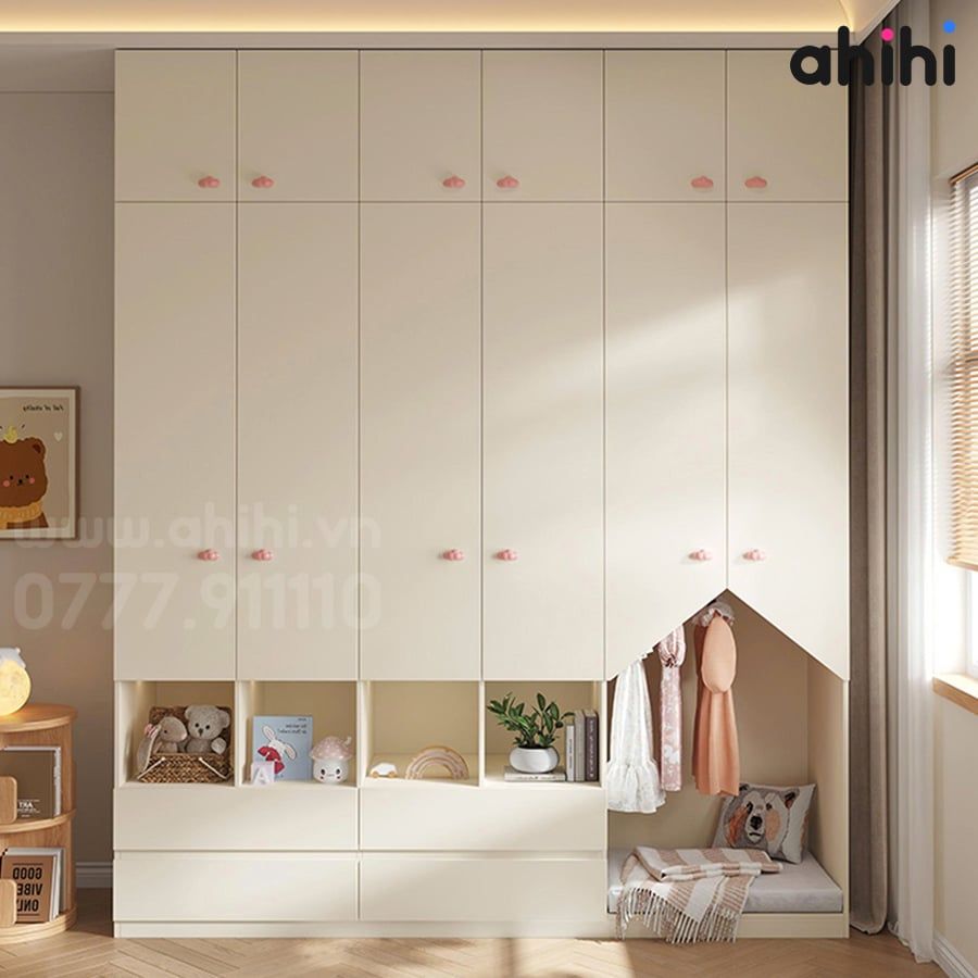 Tủ quần áo trẻ em Ahihi616 - Có kệ mở và góc hình ngôi nhà