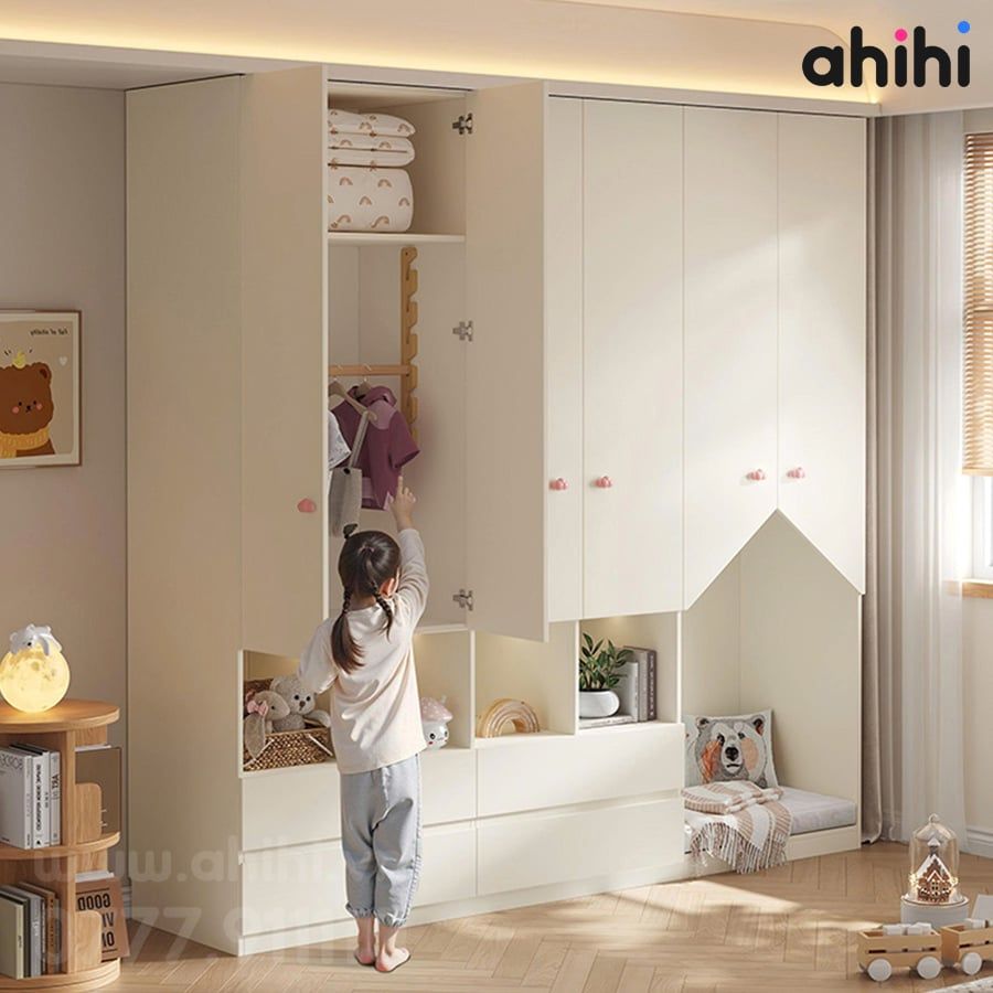 Tủ quần áo trẻ em Ahihi616 - Có kệ mở và góc hình ngôi nhà