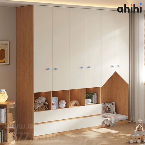 Tủ quần áo trẻ em Ahihi616 - Có kệ mở và góc hình ngôi nhà