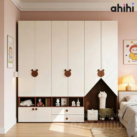 Tủ quần áo trẻ em Ahihi617 - Có kệ mở và góc hình ngôi nhà