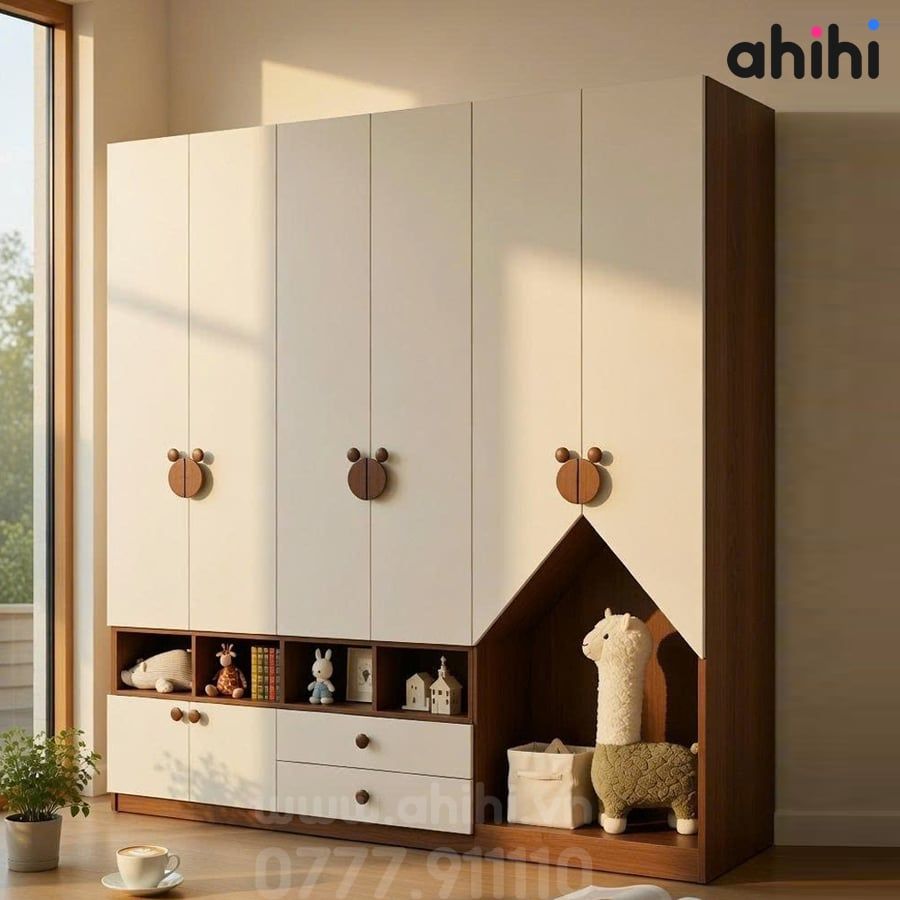 Tủ quần áo trẻ em Ahihi617 - Có kệ mở và góc hình ngôi nhà