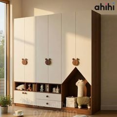 Tủ quần áo trẻ em Ahihi617 - Có kệ mở và góc hình ngôi nhà
