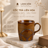  Cốc Uống Trà Men Hỏa Biến Màu Nâu Trầm Khắc Nổi Hoa Sen 500ml, Ly Gốm Thủ Công - Gốm Sứ Xuất Khẩu Cao Cấp 