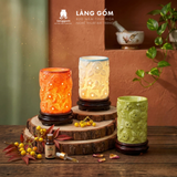  Đèn xông tinh dầu, đèn sứ thấu quang màu vân đá khắc nổi hoa xông tinh dầu spa, thư giãn 