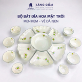 Bộ Đồ Ăn Hoa Mặt Trời Vẽ Đài Sen Men Kem Bát Tràng Cao Cấp 