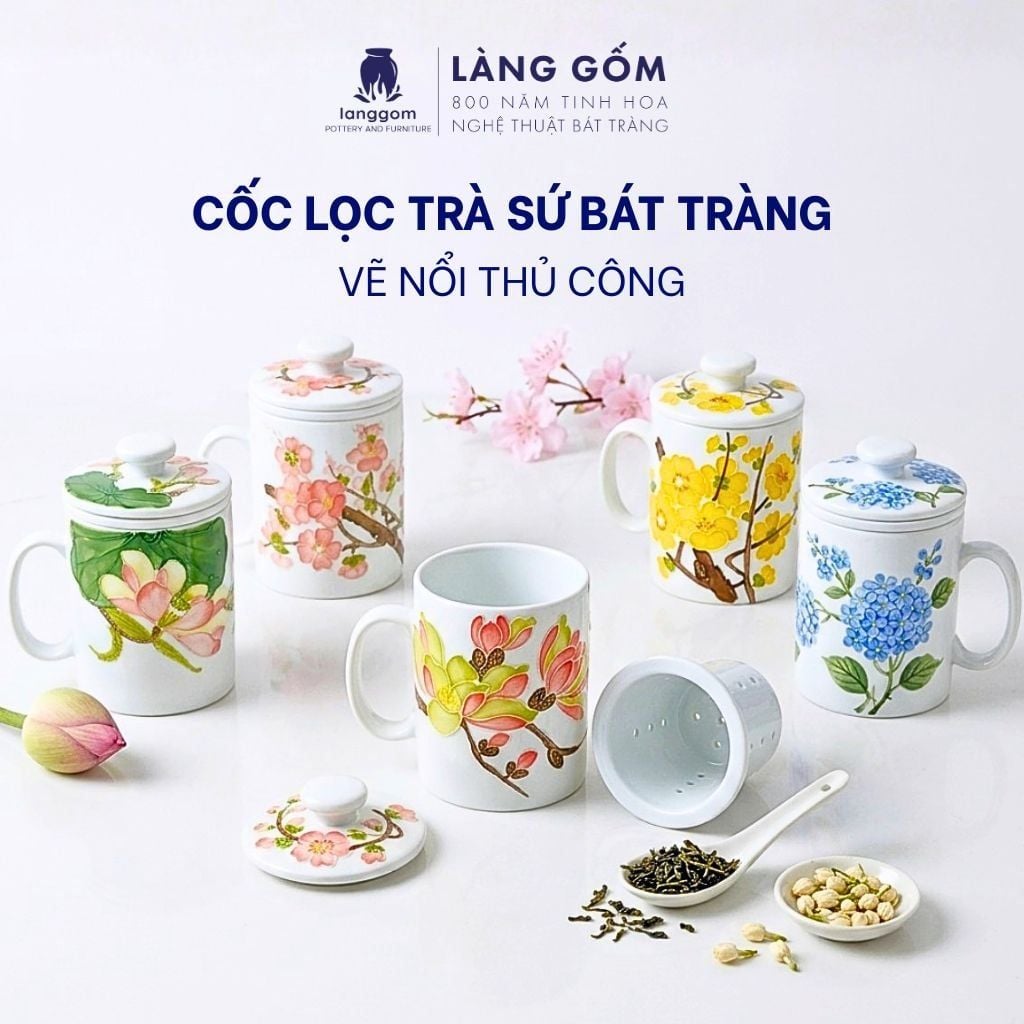  Cốc lọc trà vẽ nổi 3D vẽ tay thủ công cao cấp, dung tích 330ml - Gốm sứ Bát Tràng 