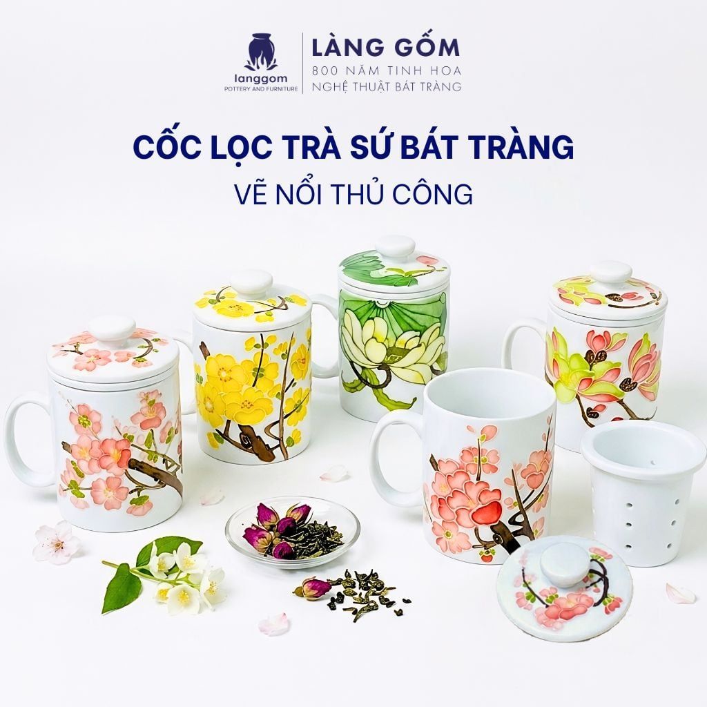  Cốc lọc trà vẽ nổi 3D vẽ tay thủ công cao cấp, dung tích 330ml - Gốm sứ Bát Tràng 